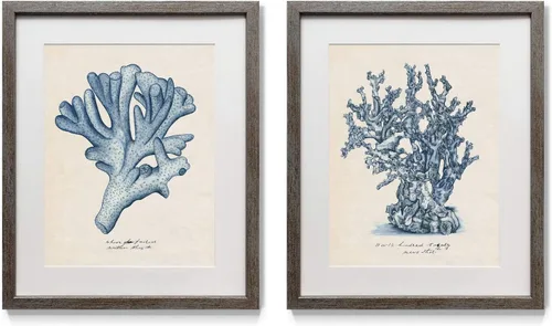 Vista 8 de Renditions Gallery Antique Coral in Navy (1) 2 Piece Framed Artwork Set, Underwater Ocean Themed Pair, Blue, Modern Distressed Silver Frame, White