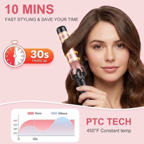 Vista 3 de Varita rizadora para cabello largo y corto, rizador de pelo de cerámica con temperatura ajustable de 14, estilizador de viaje de doble voltaje