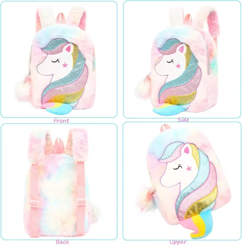 Vista 4 de CBOALOGR - Mochila pequeña de peluche de unicornio para niñas de 3 a 6 años, Bonita bolsa de viaje de unicornio de peluche para niños pequeños
