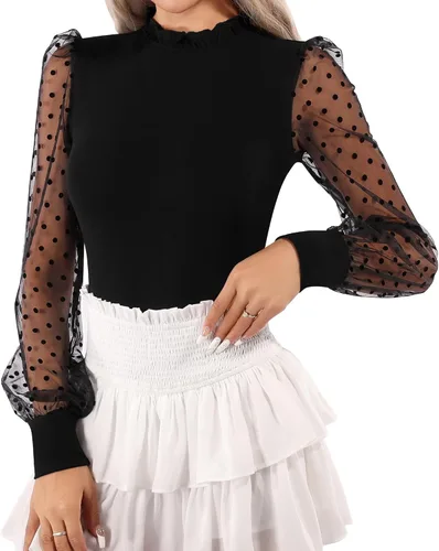 Vista 3 de MANGOPOP Women's Bodysuit Ruffle Mock Turtle Neck Polka Dot Sheer Mesh Long Sleeve Blouse Body Suit Tops