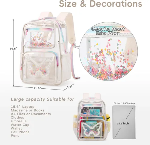 Vista 6 de Mochila transparente para niñas y mujeres, mochila transparente para niños, escuela primaria, universidad, mochila de viaje para laptop, mochilas