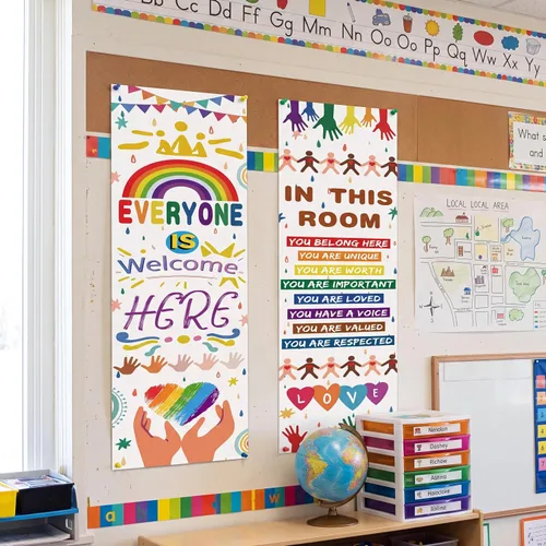 Vista 4 de Estune 2 carteles inspiradores de arcoíris para el aula, letrero de bienvenida para decoración de regreso a la escuela, con texto en inglés