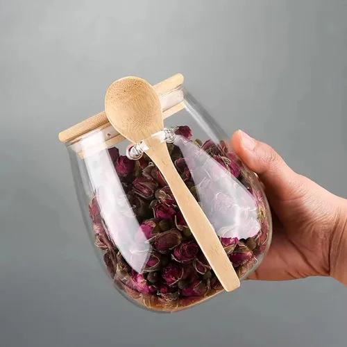 Vista 5 de Juego de tarros de almacenamiento de vidrio herméticos con tapa de bambú de boca ancha, a prueba de fugas, con cuchara, se pueden usar para granos
