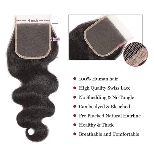 Vista 4 de Body Wave Human Hair Bundles with Closure 10A Brazilian Human Hair 3 Bundles with 4x4 HD Lace Closure Free Part 100% Unprocessed Virgin Hair Natural