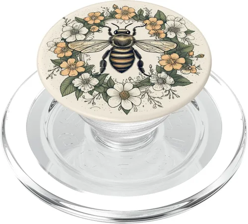 Vista 8 de PopSockets PopGrip estándar con diseño de abeja pastel Boho y flores
