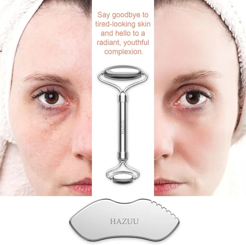 Vista 6 de Rodillos de acero inoxidable Gua Sha y cara - Rodillo de metal para ojos y cuello, herramientas de masaje facial antienvejecimiento, kit de Jgs-1