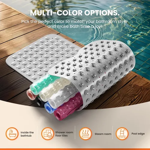 Vista 5 de Alfombrilla antideslizante para bañera, extra grande de 39x16 pulgadas con agujeros de drenaje y ventosas, lavable a máquina, color negro