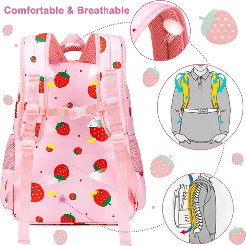 Vista 3 de CAMTOP Mochila para niños y niñas, mochilas preescolares con lonchera, juego de bolsa luminosa para jardín de infantes, rosado (Pink Strawberry)