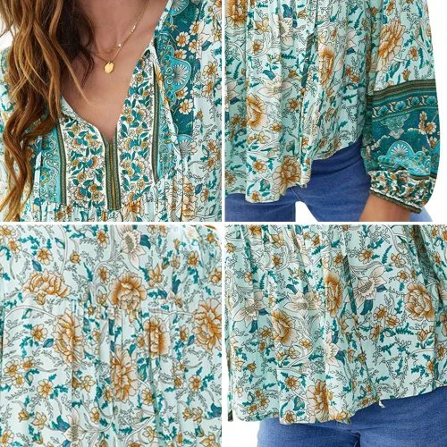 Vista 5 de YUZIBAO Blusas para mujer, cuello en V, manga larga, estilo bohemio, blusas con estampado floral