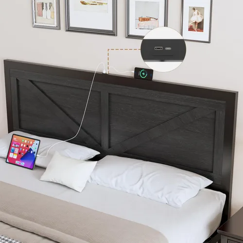 Vista 5 de DOGIBIXO Marco de cama tamaño completo con luces LED y carga USB, marco de cama de plataforma industrial con cabecera de puerta de granero