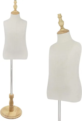 Vista 8 de Maniquí infantil para exhibición de ropa, torso de maniquí ajustable para niños con base de madera, 2-3 años 15" - 28" Height Adjustable, Beige