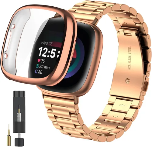 Vista 10 de ZPJPPLX para Fitbit Versa 4/Sense 2, Correa de Muñeca de Acero Inoxidable Sólido con Funda de Reloj, para Versa 3/Sense Correas de Repuesto de Metal