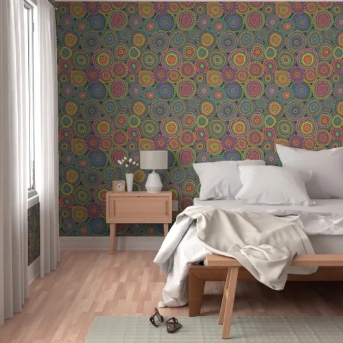 Vista 5 de Despegar y pegar papel tapiz Muestras – Colcha de retazos de abuelas mandala círculo colorido retro hippie personalizado extraíble papel pintado por