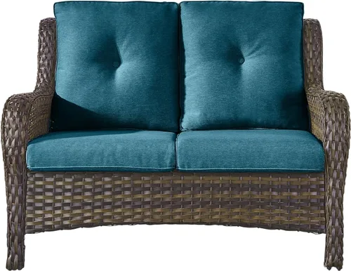Vista 22 de Sofá Pop Patio de 2 plazas para exteriores con cojines gruesos de botones, respaldo alto, muebles de ratán de mimbre marrón resistentes y cómodos