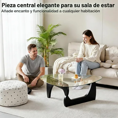 Vista 3 de Mesa de centro moderna para sala de estar, mesa central negra minimalista de 35.8 pulgadas con vidrio templado triangular y patas sólidas