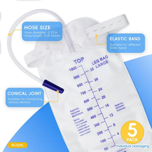 Vista 5 de 5 bolsas de drenaje urinario para patas, bolsa de catéter de gran capacidad de 33.8 fl oz, 2 correas elásticas ajustables, fácil de girar