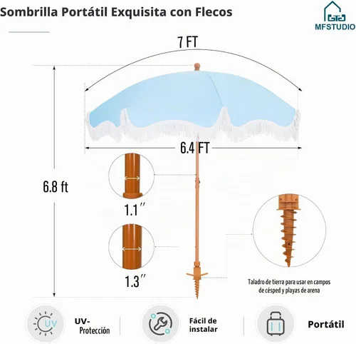 Vista 7 de Sombrilla de playa para patio de 7 pies con flecos, sombrilla para exteriores junto a la piscina, azul