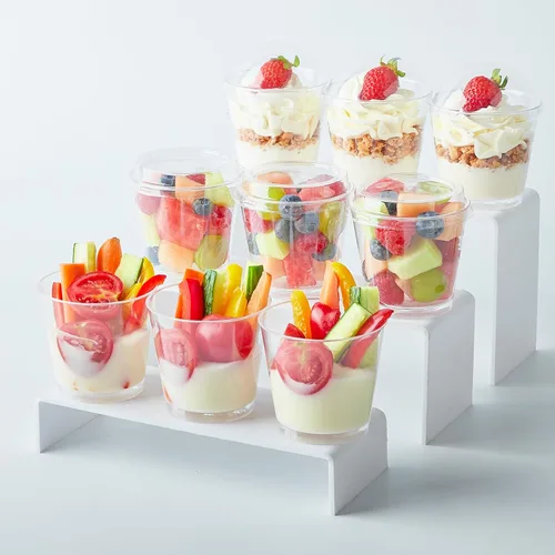 Vista 7 de Paquete de 50 mini tazas de postre de 6 onzas con tapas altas y cucharas, tazas pequeñas de plástico para tartas, tazas redondas para servir parfait