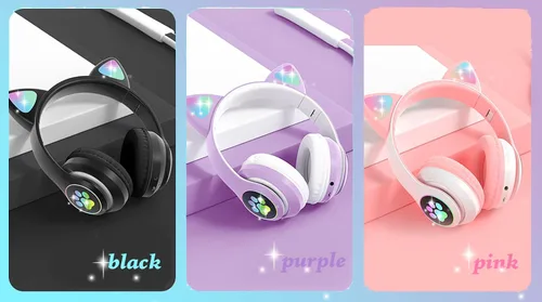 Vista 5 de Auriculares inalámbricos para niños y niñas con orejas de gato, LED que brillan con luces Bluetooth con micrófono para Negro