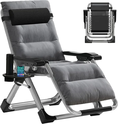 Vista 25 de Slsy Silla de gravedad cero, silla reclinable de salón con cojín y bandeja removibles para interior y exterior, silla reclinable plegable para patio