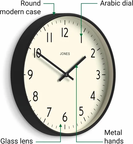 Vista 5 de JONES CLOCKS® Reloj de estudio Reloj de pared redondo moderno 12 Negro