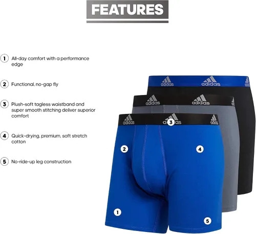 Vista 4 de adidas Ropa interior tipo bóxer elástica de rendimiento de algodón para hombres, ropa interior tipo bóxer para hombres, suave y elástica, comodidad