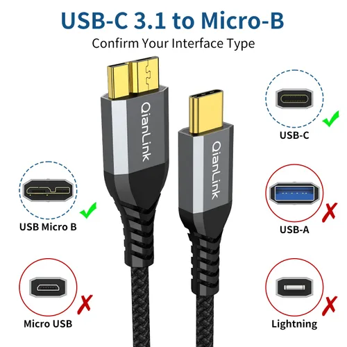 Vista 2 de QianLink - Cable de disco duro micro B a USB C de 10 Gbps (1.6 pies), USB C a cable de disco duro externo para Seagate WD, Toshiba, Westgate