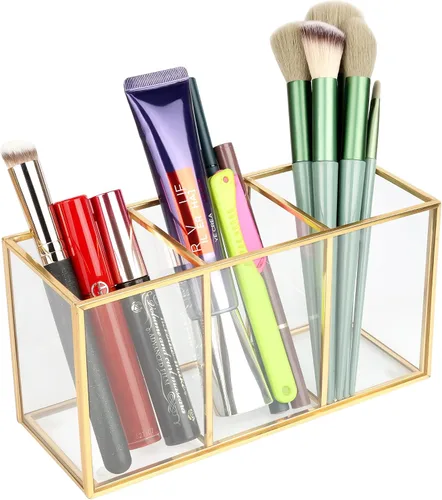 Vista 7 de ELEGANTLIFE Organizador de brochas de maquillaje de vidrio transparente, lujoso soporte de almacenamiento de cepillos de cosméticos de vidrio Negro