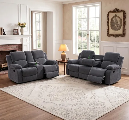 Vista 29 de Juego de sofá reclinable de 2 piezas, sofá reclinable de tela y sofá biplaza para sala de estar, sofá reclinable azul para sala de estar, oficina