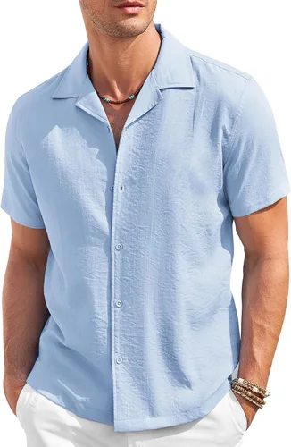Vista 11 de COOFANDY Camisa casual con botones para hombre, manga corta, texturizada, para verano, para playa cubana
