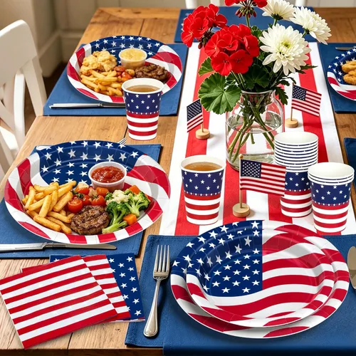 Vista 5 de 96 Pcs 4th of July Party Supplies Set, 250th Anniversary American Flag Patriotic Plates Napkins Cups, Disposable Red White Blue Star and Striped
