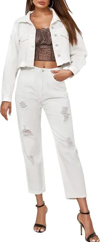 Vista 4 de LONGBIDA - Chaqueta de mezclilla para mujer, desgastada, con botones, con bolsillos.
