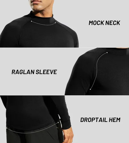 Vista 4 de MIER Camiseta de manga larga con cuello alto falso para hombre, ligera, de compresión, para correr, atletismo, entrenamiento, camiseta de rendimiento