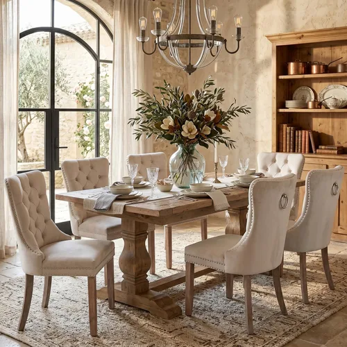 Vista 18 de SoarFlash Juego de 2 sillas de comedor de terciopelo, silla lateral de respaldo alto, silla lateral moderna tapizada de alta gama con botones Beige