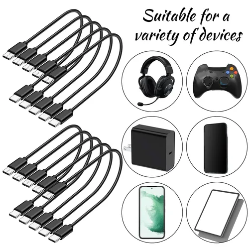 Vista 6 de Paquete de 10 cables USB C a USB C de 1 pie, cable USBC corto, negro
