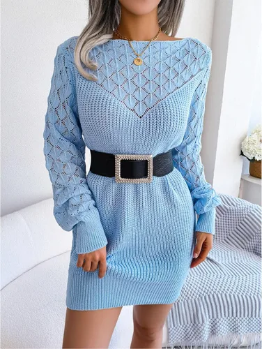 Vista 7 de Pissente Vestido tipo suéter ajustado para mujer con cuello barco, manga de linterna hueca (cinturón no incluido)
