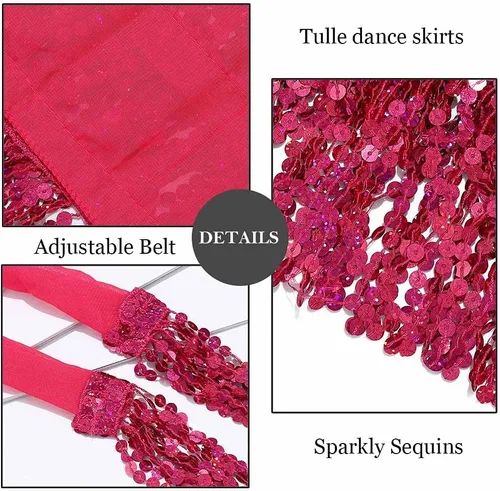 Vista 5 de EARENT Faldas bohemias de lentejuelas para danza del vientre, falda de cadera con flecos, bufanda de cadera para fiestas rave para mujeres y niñas