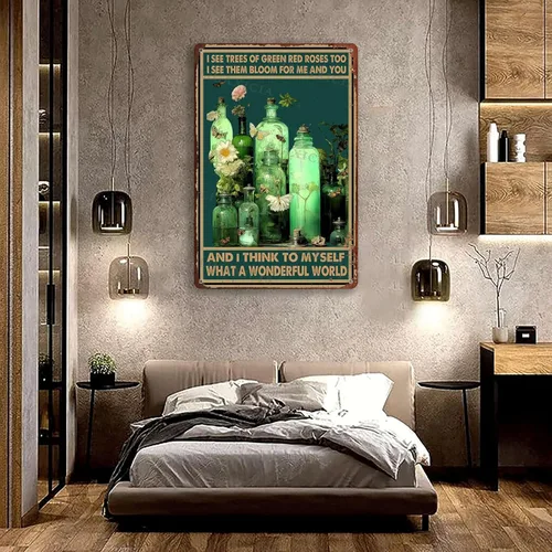 Vista 2 de Letreros de metal vintage con texto en inglés "I See Trees Of Green Red Roses Too I See Them Bloom For Me And You And I Think To Myself What A