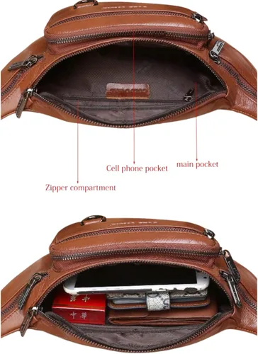Vista 3 de Riñonera de cuero para hombre, bolsa de cintura grande para viajes, senderismo, ciclismo, motociclismo, pesca, correr, negro, marrón, café, Marrón