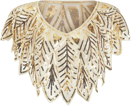 Vista 13 de Chales envolventes para mujer de los años 1920 con lentejuelas y cuentas, chales nupciales estilo flapper, capa de noche A #. Estilo 2-negro y dorado