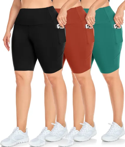 Vista 8 de NEW YOUNG Paquete de 3 pantalones cortos de ciclismo de talla grande con bolsillos para mujer, pantalones cortos de entrenamiento de cintura alta
