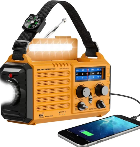 Vista 11 de Eoxsmile NOAA - Radio meteorológica de 12000 mAh, radio de emergencia con manivela manual, solar, funciona con pilas, radio portátil de onda corta