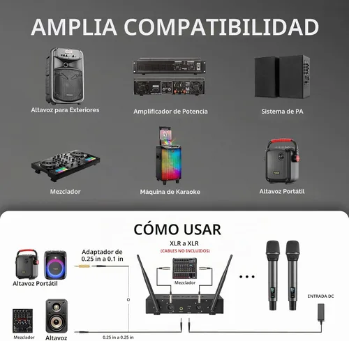 Vista 8 de TONOR Sistema de Micrófono Inalámbrico, Escaneo Automático y Emparejamiento UHF Micrófono de Karaoke Recargable, 2x100 Micrófono Inalámbrico