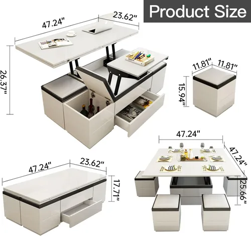 Vista 2 de Guyii Mesa auxiliar elevable de 47 pulgadas con taburetes de almacenamiento, mesas de café blanco 3 en 1, mesa de sala de estar con ruedas para sala
