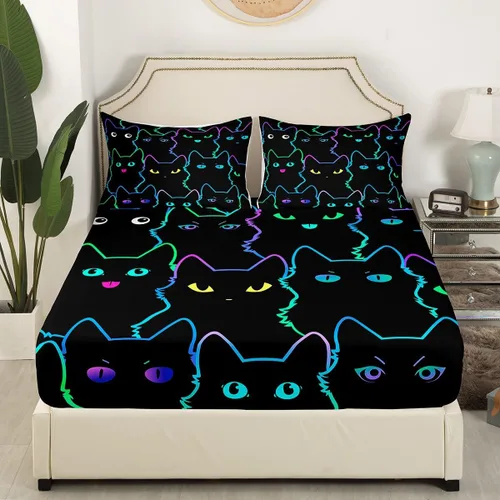 Vista 2 de Erosebridal Sábanas de Cama para Niños de Gato Lindo Tamaño Twin Línea de Arcoíris Neón Sábana Ajustable de Gato con Bolsillo Profundo para Niñas