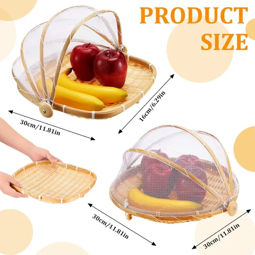Vista 2 de Patelai 2 piezas cubiertas de bambú para servir alimentos para tienda de campaña al aire libre con cesta de almacenamiento de pan de gasa, cuenco