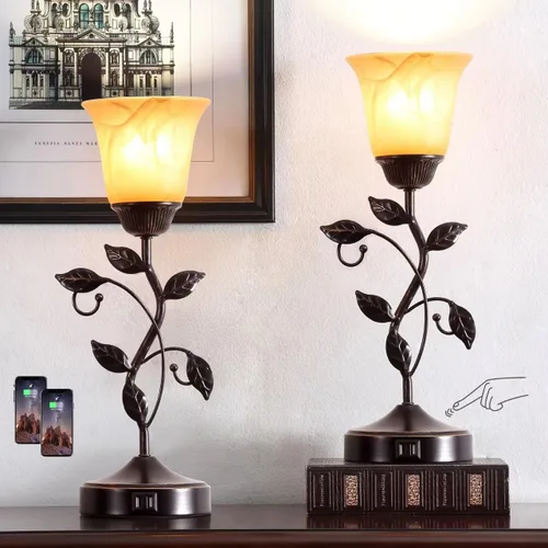 Vista 16 de Lámpara de mesa con control táctil con 2 puertos de carga USB, lámparas de mesita de noche regulables de 3 vías, pantalla de vidrio ámbar, lámpara