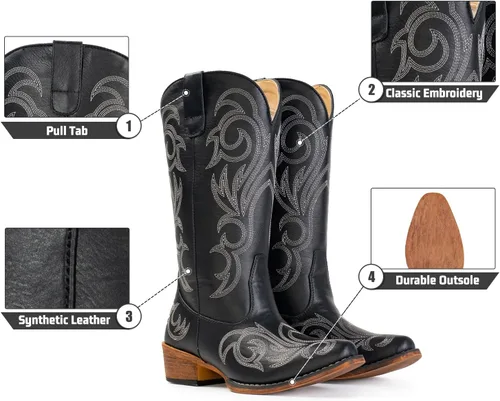 Vista 3 de IUV Botas vaqueras para mujer, botas vaqueras de media pantorrilla, botas vaqueras con punta puntiaguda