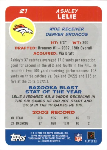 Vista 2 de 2004 Bazooka #21 Ashley Lelie NFL Football Trading Card
