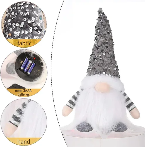 Vista 4 de 2 gnomos de Navidad de lentejuelas con luces, hechos a mano, 12 pulgadas, funciona con pilas, gnomo de Navidad preiluminado, para adornos de Navidad